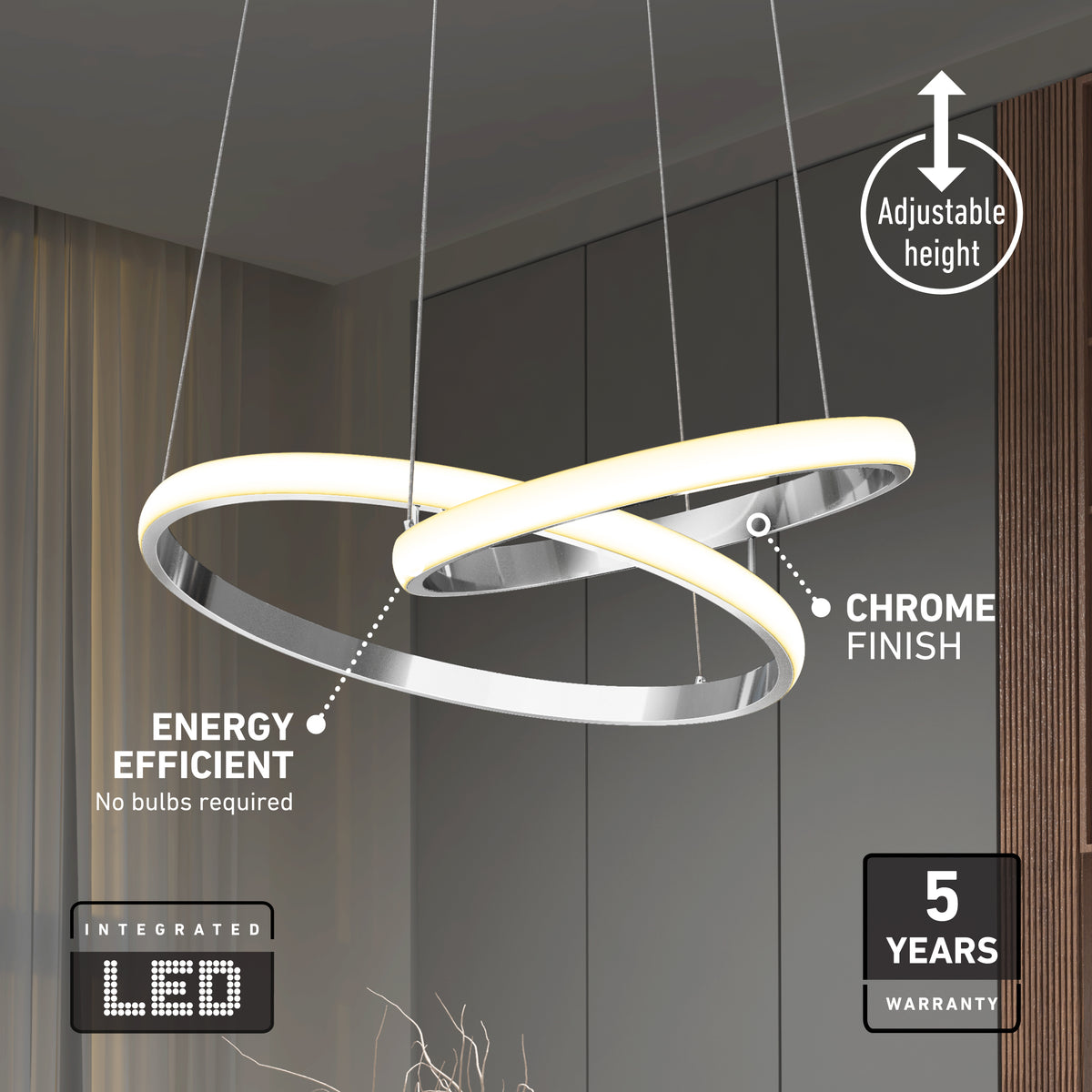 Artika Mora 28″ LED Pendant with 5CCT, featuring two chrome rings, dimmable tech, and adjustable height for versatile lighting.