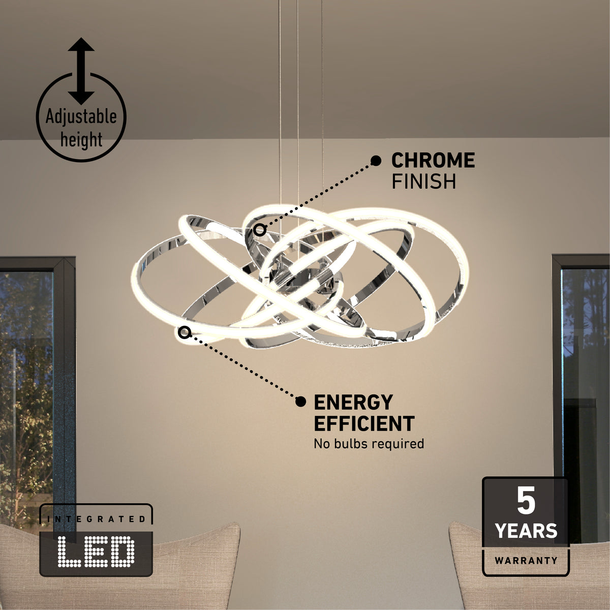 The Artika Maelstrom modern LED pendant light 5 CCT features intertwined LED rings, a chrome finish, adjustable height, integrated energy-efficient LEDs (no bulbs needed), and comes with a 5-year warranty—perfect for your dining room.