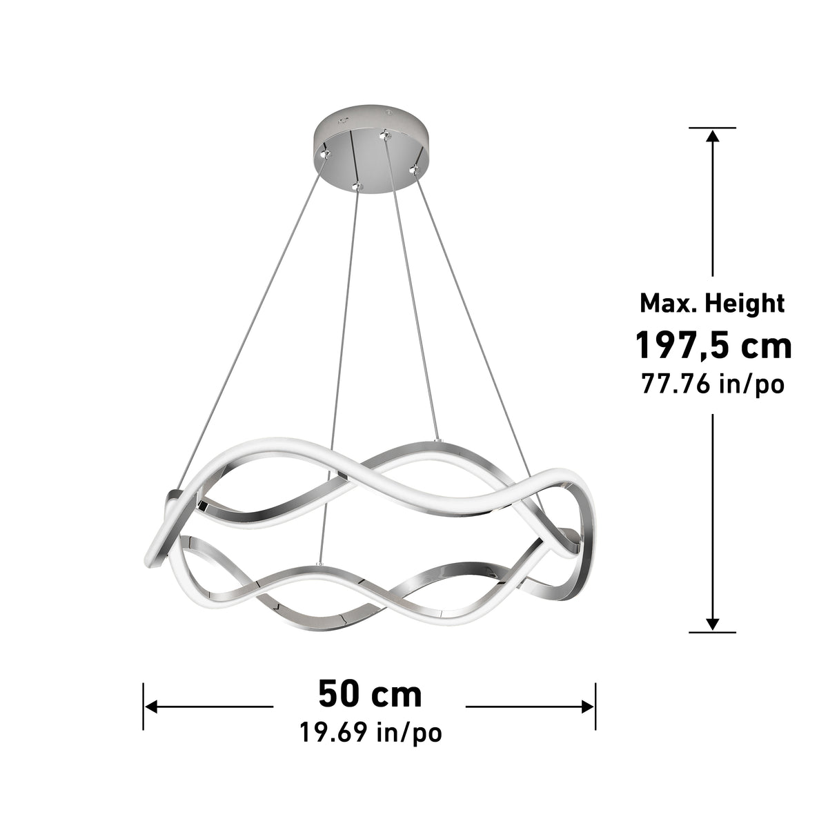 The Artika Vanora LED pendant light features a wavy, intertwined design in silver and white, suspended by four cables. It measures 50 cm (19.69 in) wide with a maximum height of 197.5 cm (77.76 in).