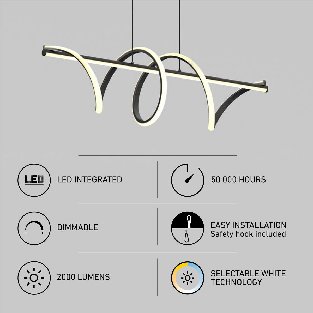 Artika Coda modern LED pendant light, 5 CCT, dimmable, 2000 lumens, 50,000 hrs; curved design ideal for kitchen islands.
