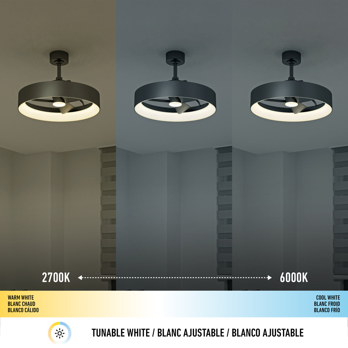 The Artika Austin 23 in. LED modern ceiling fan features tunable white settings with three adjustable lighting temperatures: warm white (2700K), neutral, and cool white (6000K), easily controlled by remote for customized brightness and color.
