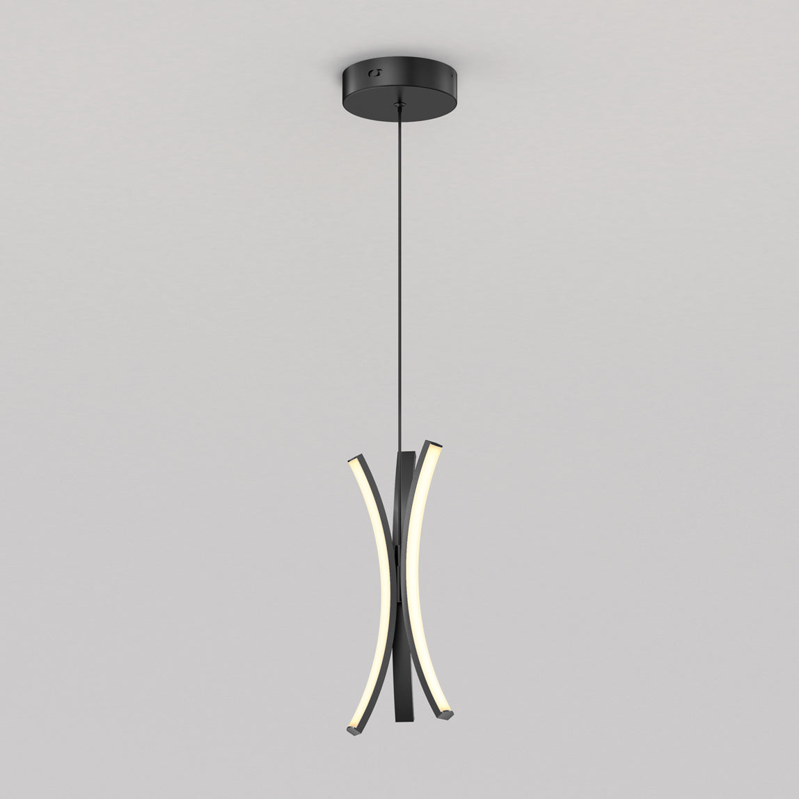 The Artika Corben Pendant LED light 5CCT Black features two curved black and white LED bars hanging vertically from a round black ceiling mount, suspended by a thin black cord against a plain light gray background.