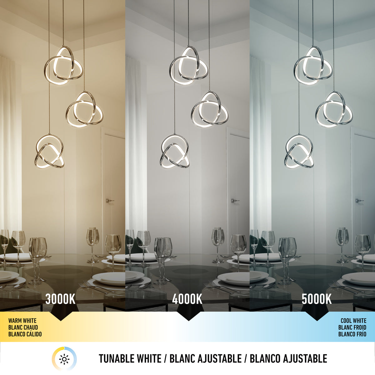 The Artika Zephyr 3-light LED pendant is featured in a dining room, displaying warm, neutral, and cool tunable white light. This dimmable chandelier combines versatility and modern style for customizable lighting design.