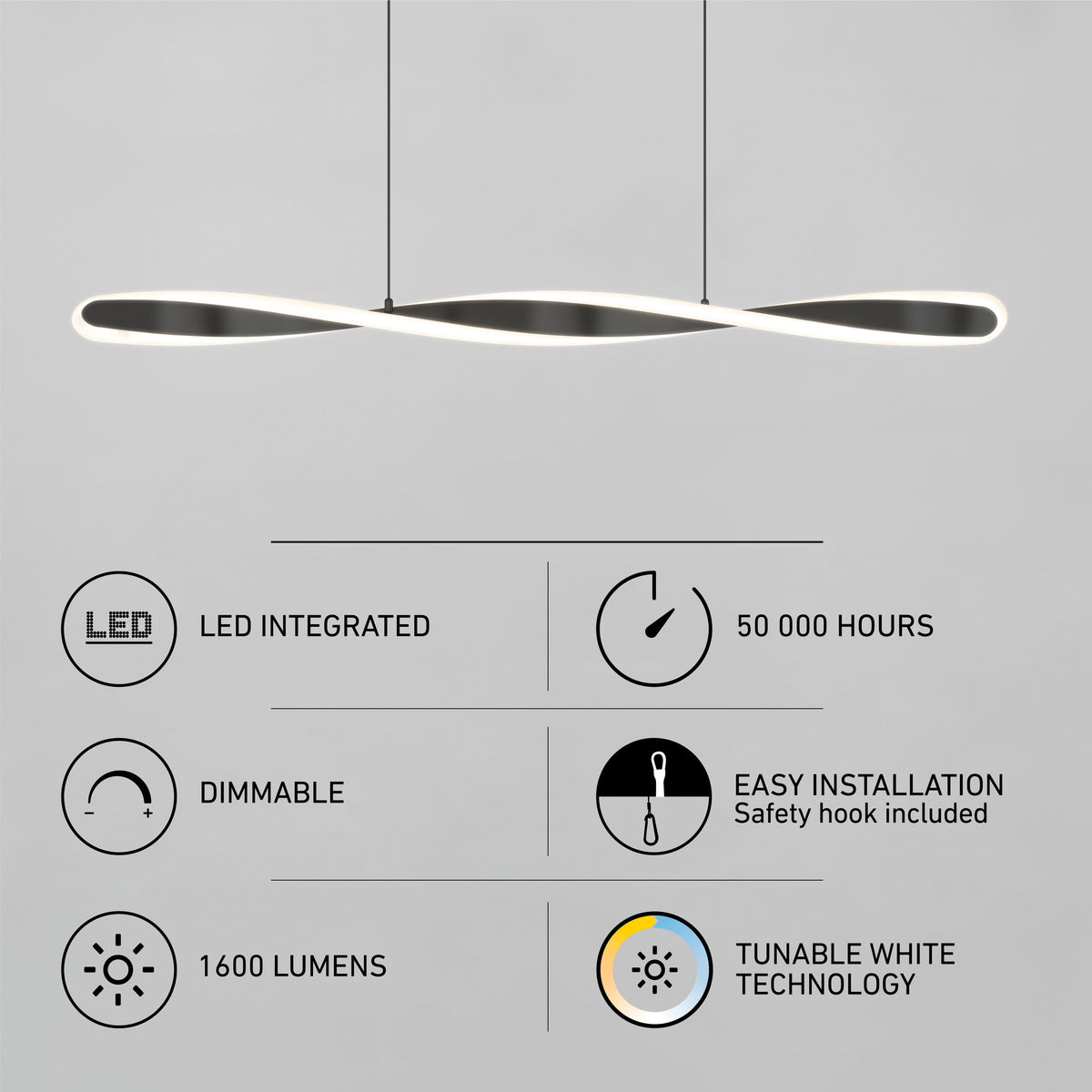 The Artika Finley Linear LED pendant light 3 CCT hangs above icons and text showing its features: integrated LED, 50,000-hour lifespan, dimmable, easy installation, 1600 lumens, and tunable white technology.