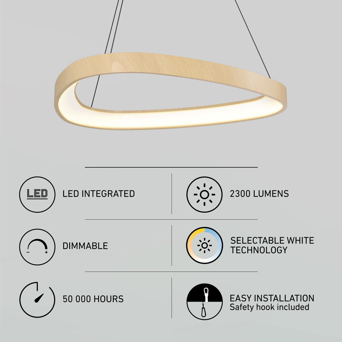 The Artika Bjorn modern LED pendant light 5 CCT features a wood finish, dual-wire suspension, 2300 lumens, dimmable selectable white (5 CCT), integrated LED, 50,000-hour lifespan, and easy installation.