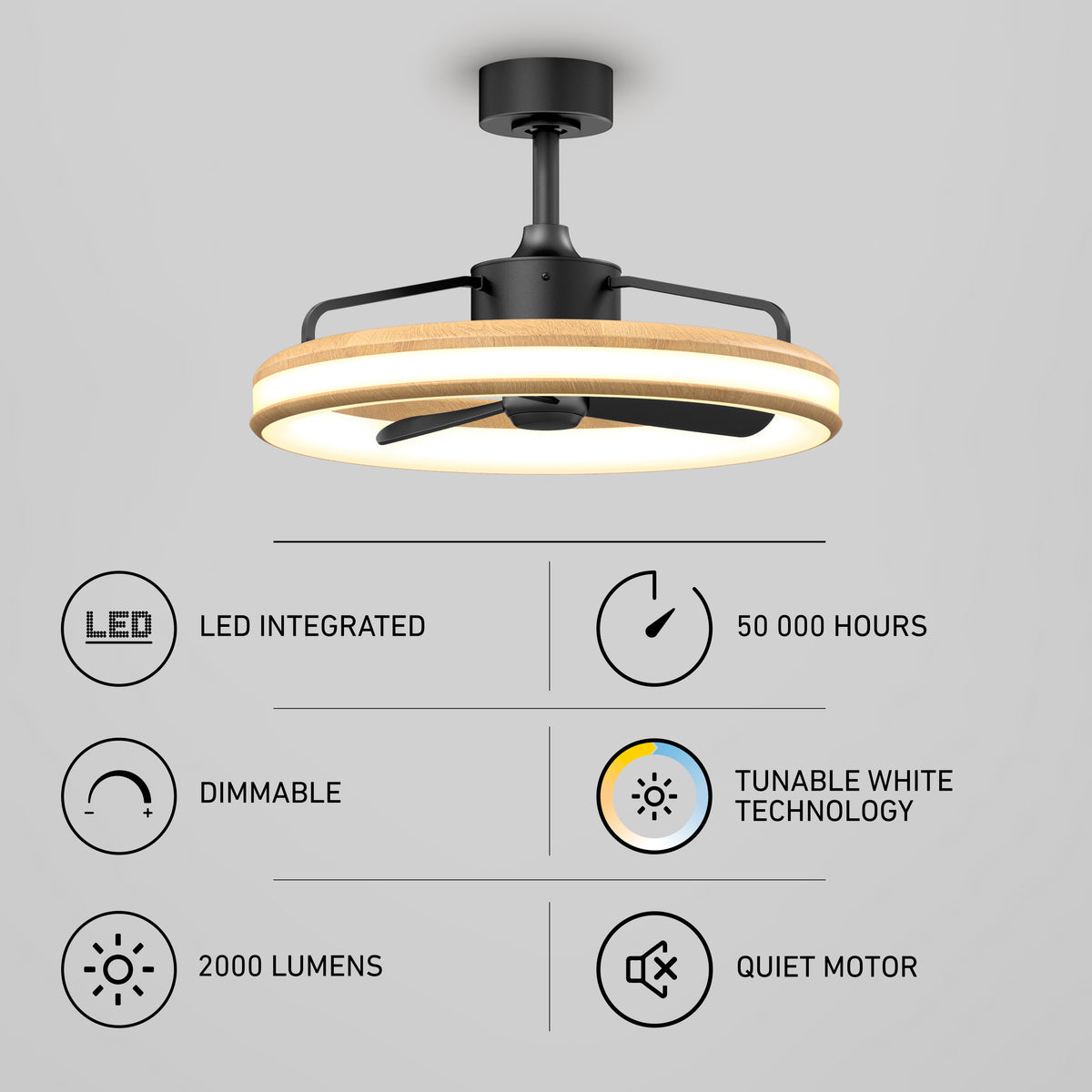 Artika Lugano 23 in. LED modern ceiling fan with remote, features integrated LED (50,000 hrs), dimmable and tunable white light (2000 lumens), wooden accents, and a quiet motor.