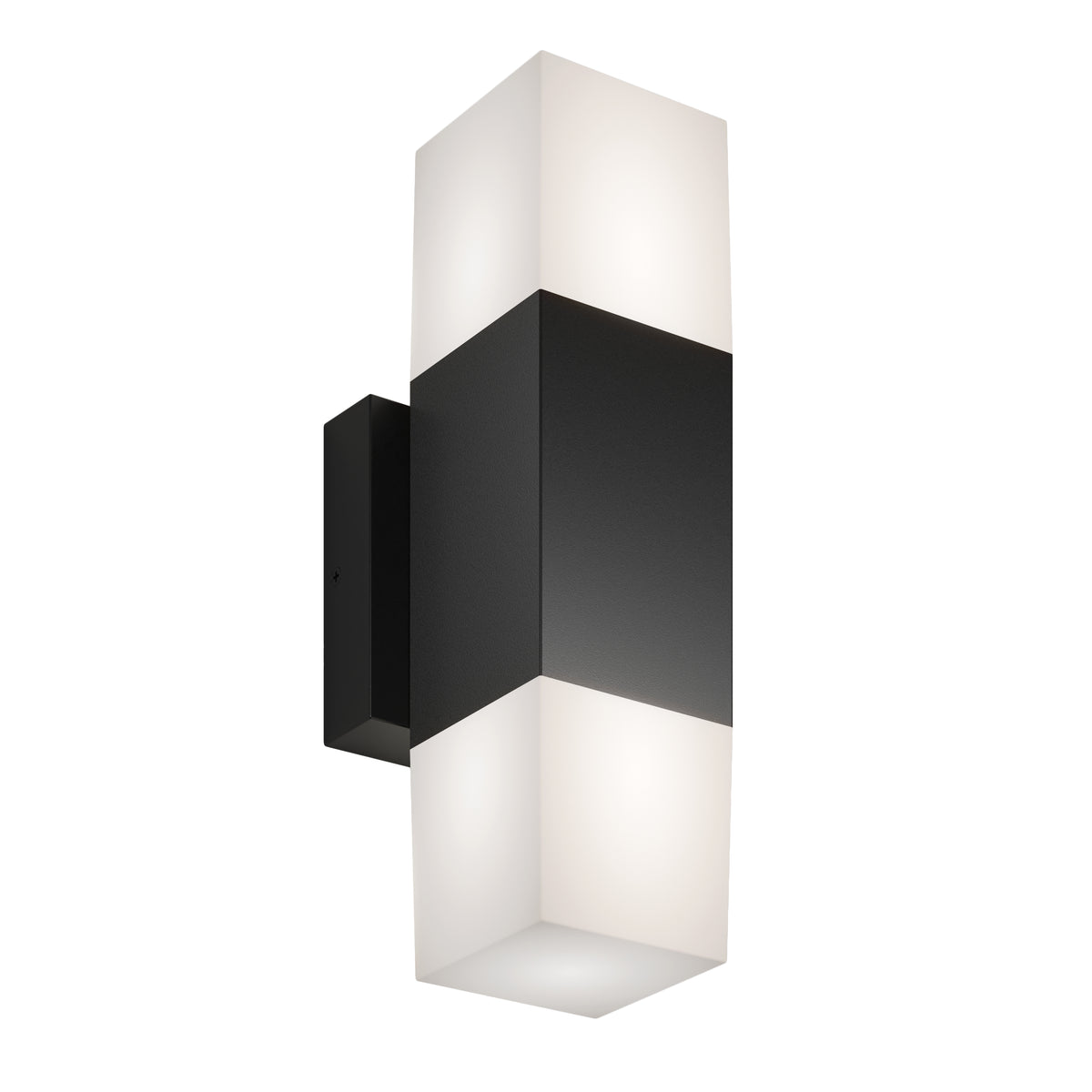 The Artika Lennox indoor-outdoor LED wall light 3 CCT features a black rectangular center, frosted white diffusers on top and bottom, and mounts on a compact black wall plate.