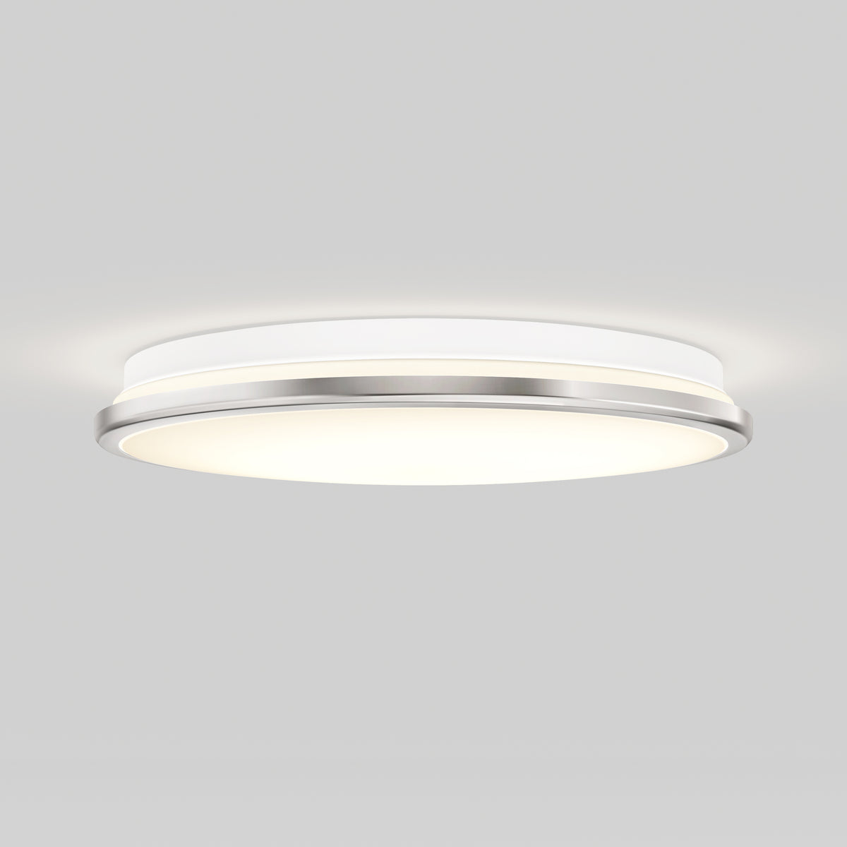 Artika Vera 13 in. Modern LED Flush Mount Ceiling Light in chrome with dimmable white diffuser, shown on a light gray background.