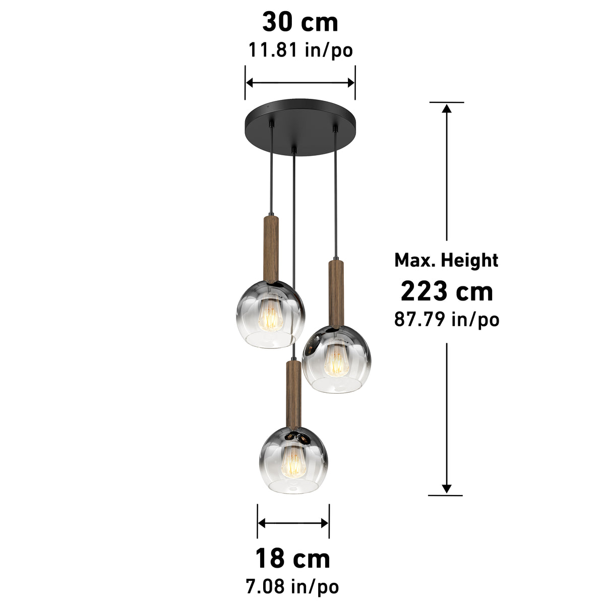 The Artika Ardel Spiral 3-Light Pendant (no bulbs) features a round black ceiling mount, wood accents, and glass globes. Size: 30 cm W x 18 cm D, adjustable max height 223 cm. Measurements provided in cm and inches.