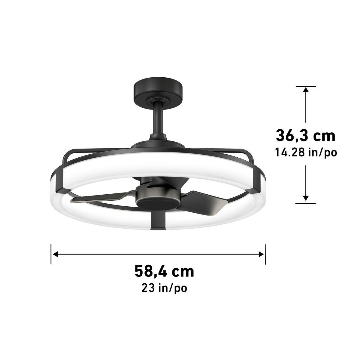 Artika Sunnyvale 23 in. (58 cm) LED modern fandelier ceiling fan with remote, shown with measurements in cm and inches.