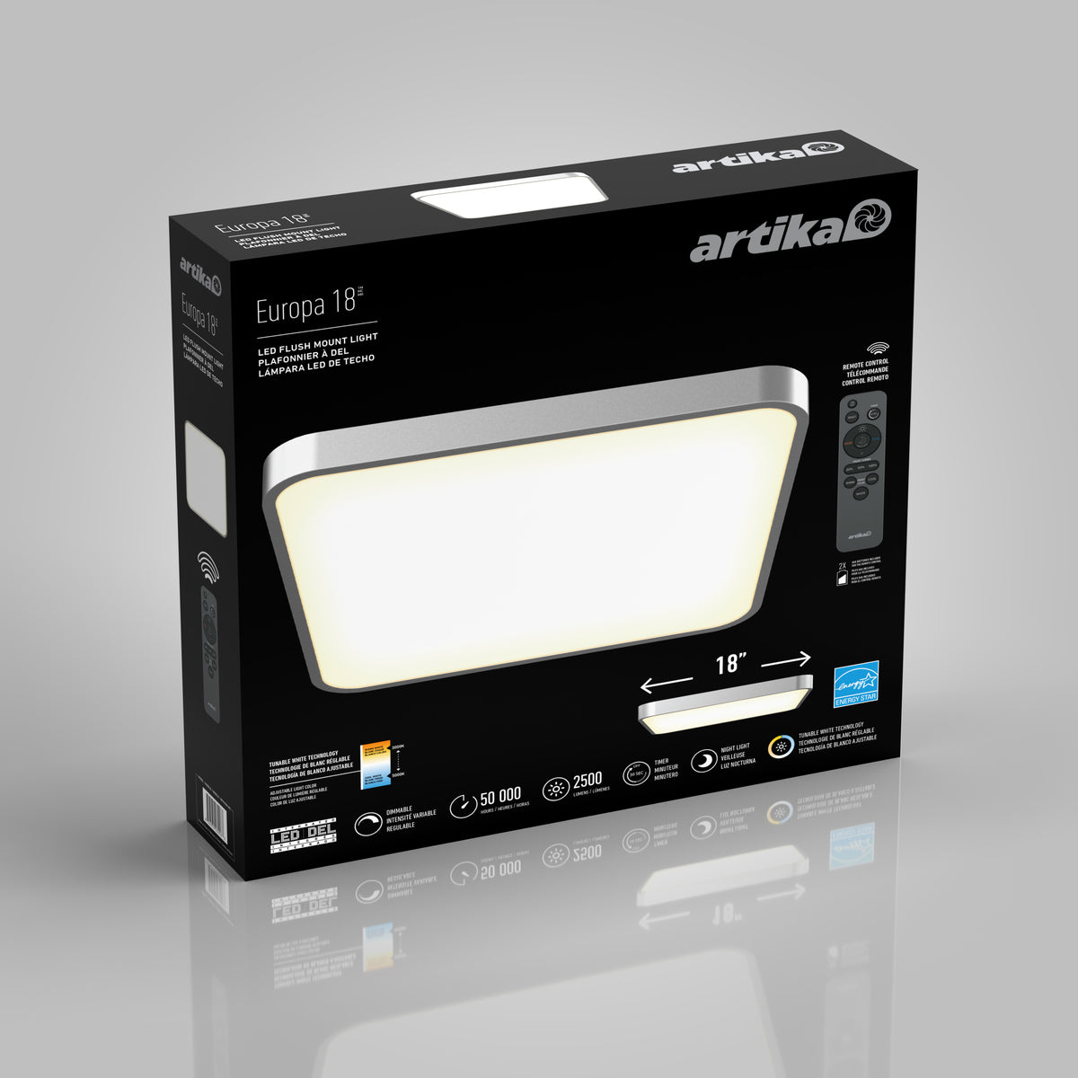 Artika Europa 18 in. LED flush mount light comes in black box packaging with an image of the product and features like 50,000-hour lifespan, 2500 lumens, remote control, and app compatibility shown on the front.