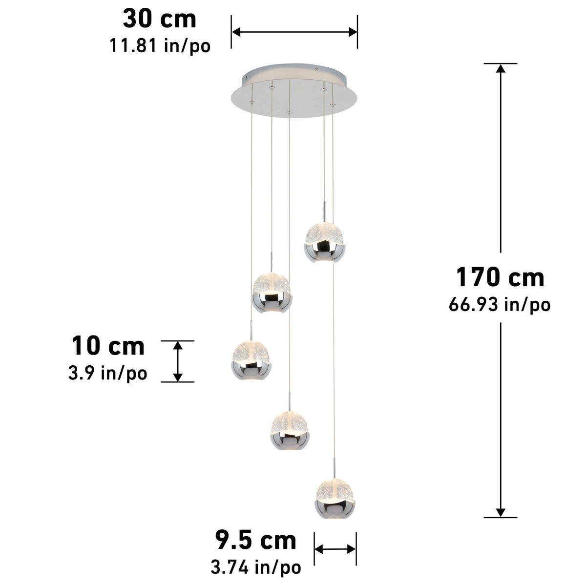 The Artika Oracle modern 5-light LED pendant features five globe-shaped lights hung at varying heights. Dimensions: canopy diameter 30 cm, pendants 9.5 cm wide, total fixture height 170 cm.