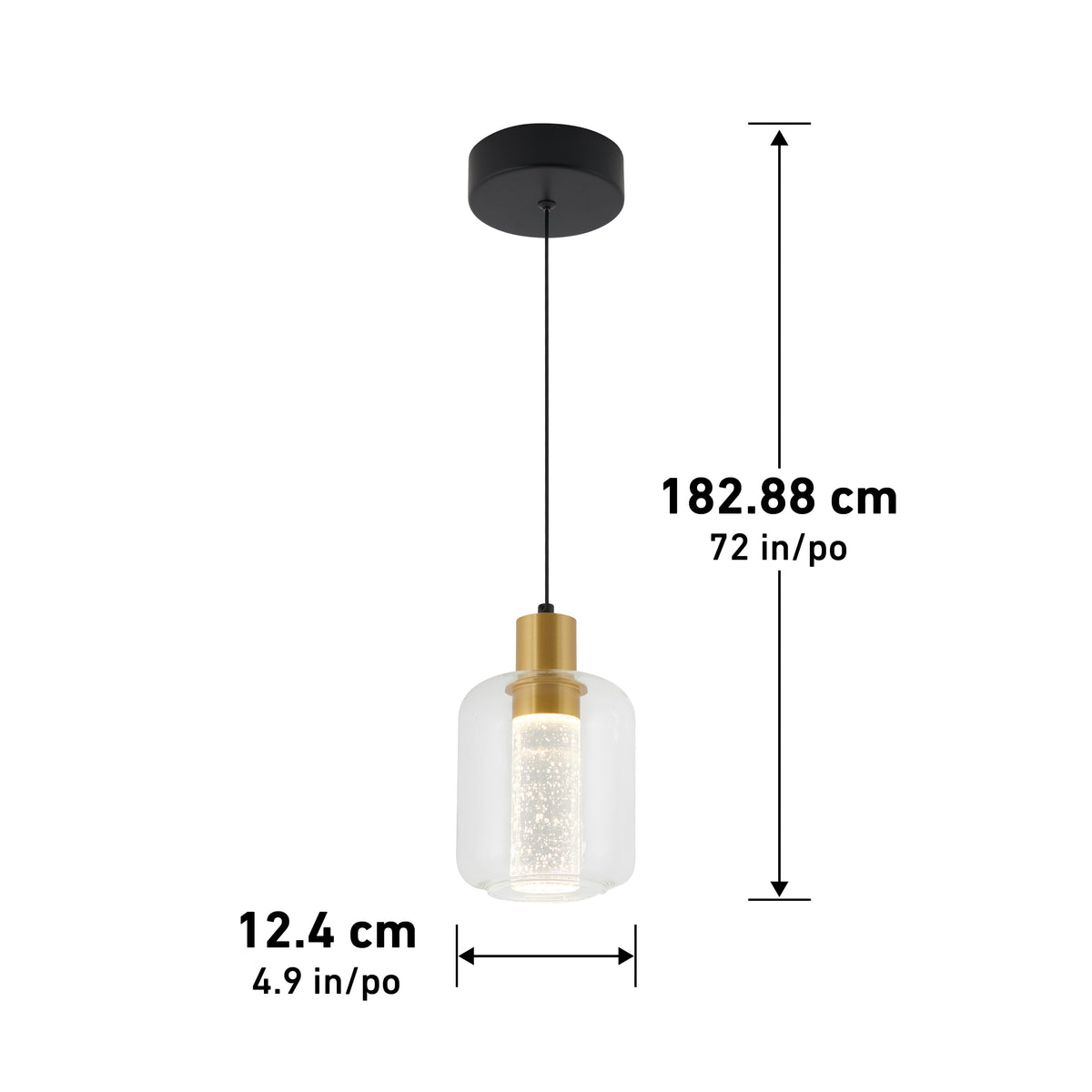 The Artika Champagne Globe modern LED pendant light features a clear glass shade, gold fixture, and black ceiling mount. It measures 12.4 cm wide and hangs 182.88 cm from the ceiling.