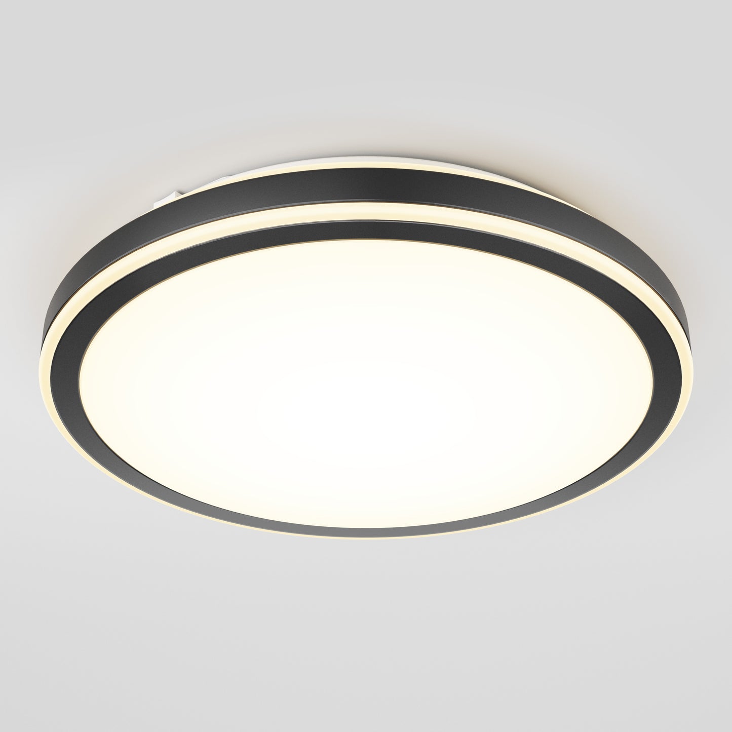 The Artika Altitude 15 in. LED modern flush mount light features a circular design with a black rim and white illuminated center, shown installed on a light gray ceiling. This 5 CCT fixture offers versatile, stylish lighting.