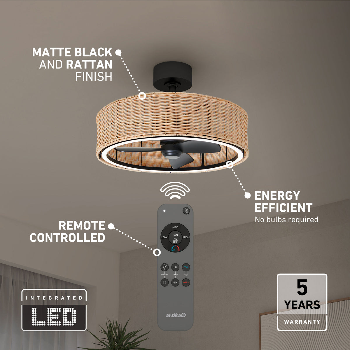 Artika Kalani 24″ LED fandelier ceiling fan, matte black, rattan, remote control, energy efficient, 5-year warranty.