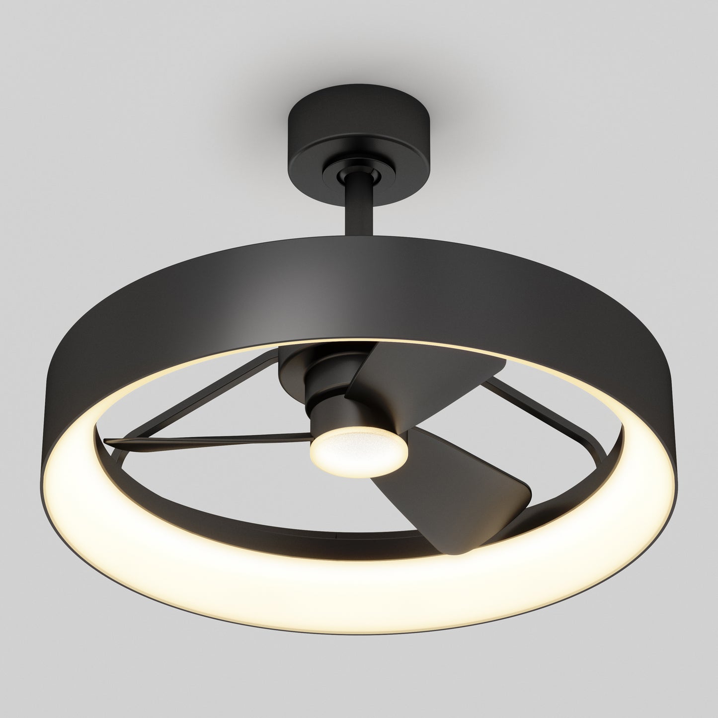 The Artika Austin 23 in. LED modern ceiling fan features three curved blades, a circular LED light ring, and comes with a remote, all shown mounted on a short rod against a plain white background.