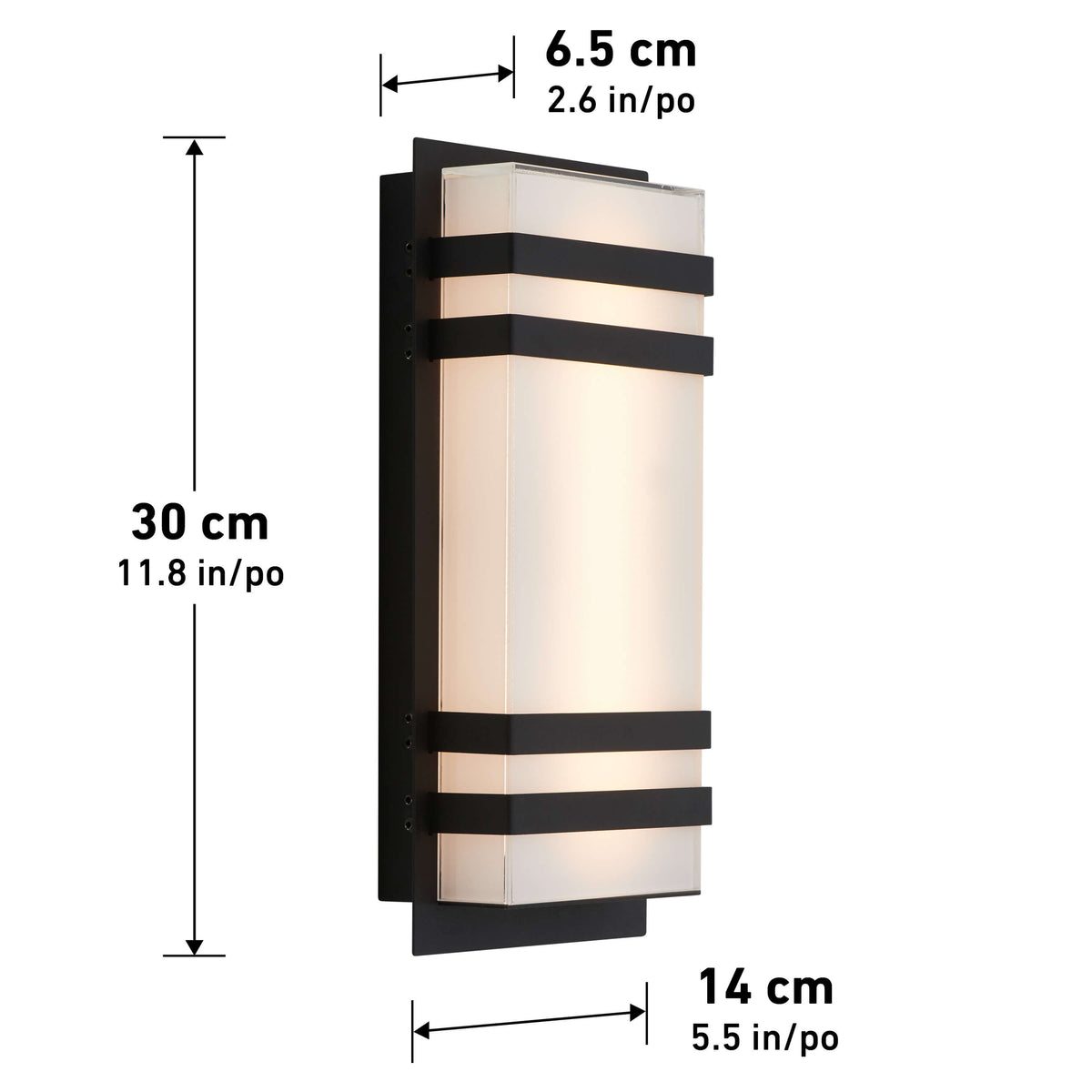 The Artika Glowbox 3 indoor-outdoor LED wall light is a rectangular fixture with black horizontal stripes, measuring 30 cm tall, 14 cm wide, and 6.5 cm deep. Dimensions are displayed around the sconce.