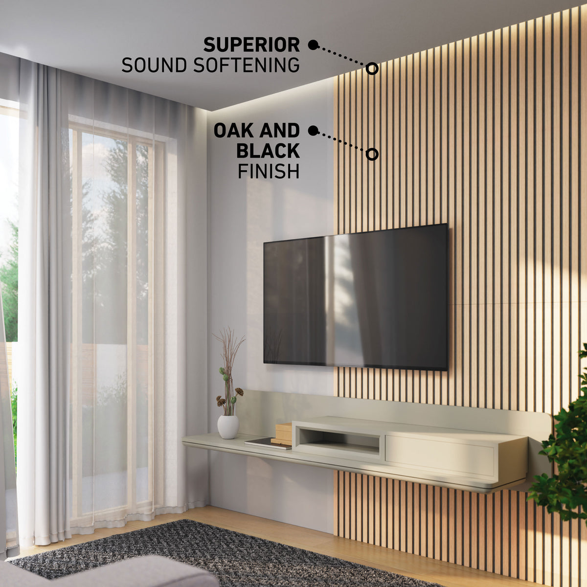 Modern living room with TV, Artika Sonofold sound-absorbing wall panel kit (2-pack), floating shelf, large window; text notes noise reduction.
