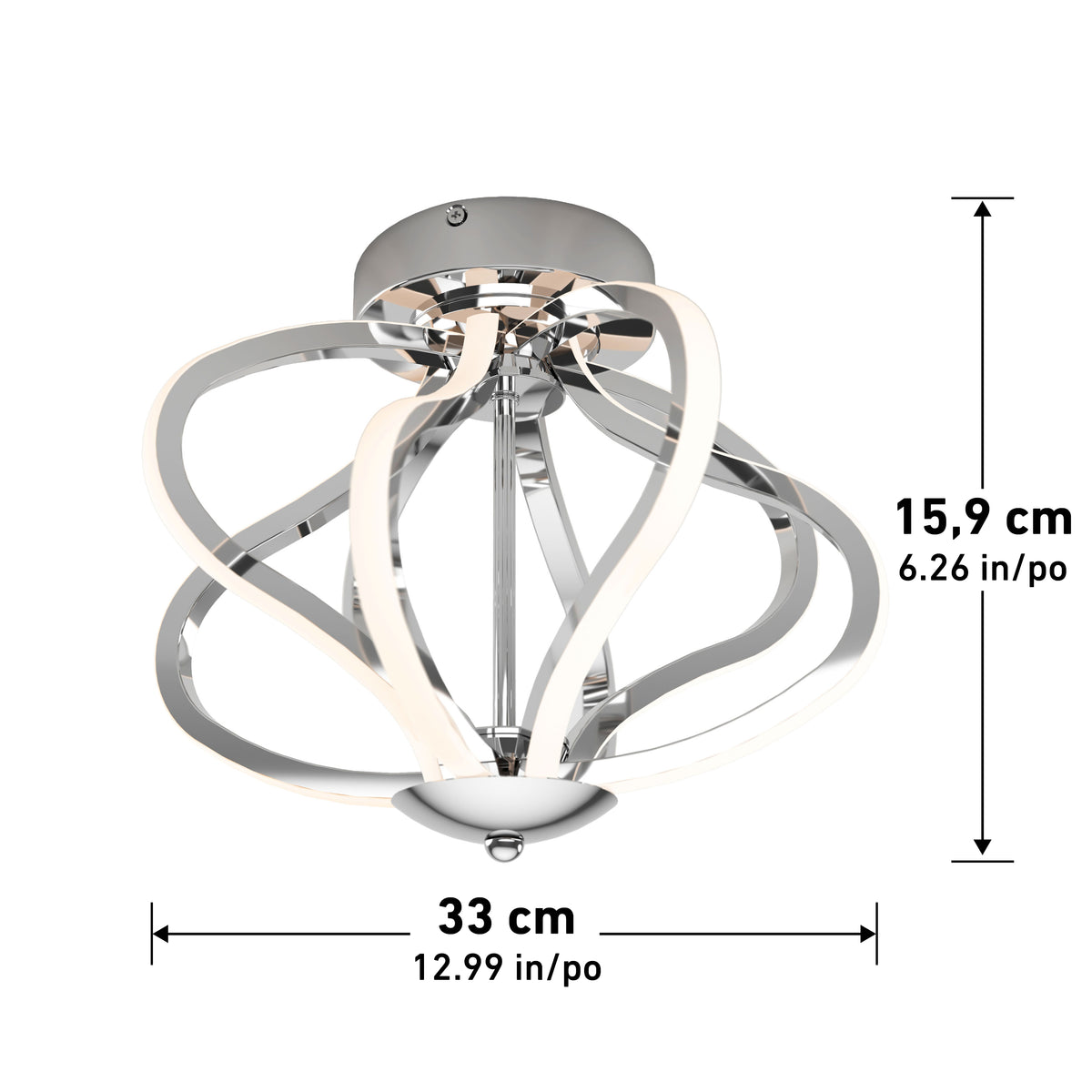 The Artika Meridian LED flush mount light features curved chrome arms and integrated LED strips. It has a height of 15.9 cm (6.26 in) and a diameter of 33 cm (12.99 in).