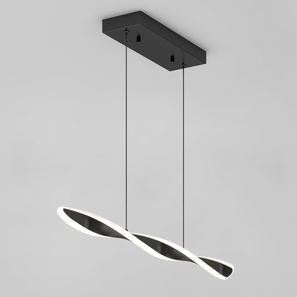The Artika Finley Linear LED pendant light 3 CCT features a modern twisted wave-shaped fixture, black rectangular ceiling mount, and two slim cords, creating a sleek look against a plain white background.