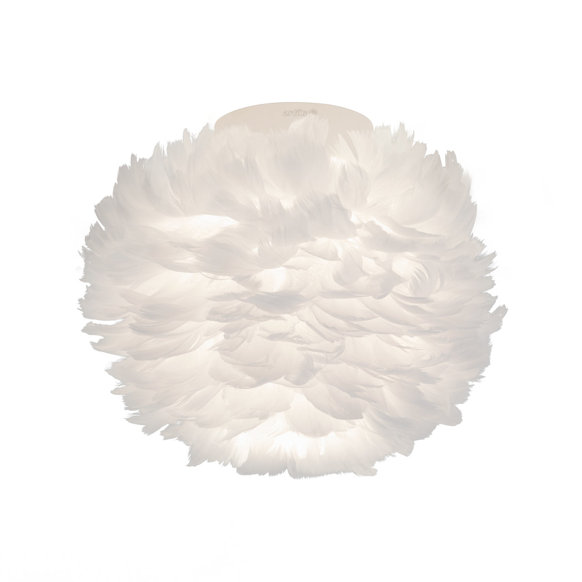 The Artika Plume LED flush mount light features a spherical white design with a fluffy, feather-like texture that softly glows from within.