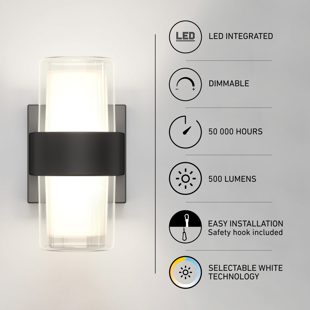 The Artika Colton modern LED indoor-outdoor wall light 5 CCT features integrated LEDs, dimmable lighting, 50,000-hour lifespan, 500 lumens output, easy installation, and selectable white technology in a sleek black design.
