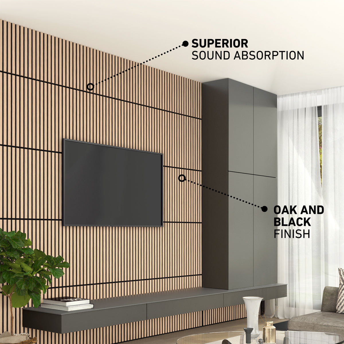 Modern living room with Artika Sonolok 15.5 ft sound-absorbing wall panel kit (4-pack), TV, black cabinets, and oak/black finish.