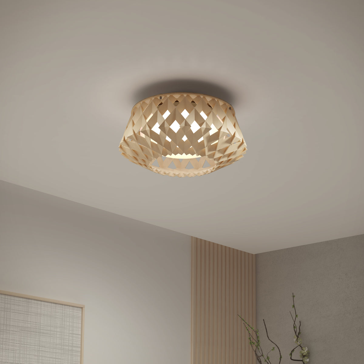 The Artika Kiran 13 in. modern LED flush mount light features a woven geometric wooden shade, casting a warm glow to enhance minimalist rooms with light walls and simple décor.