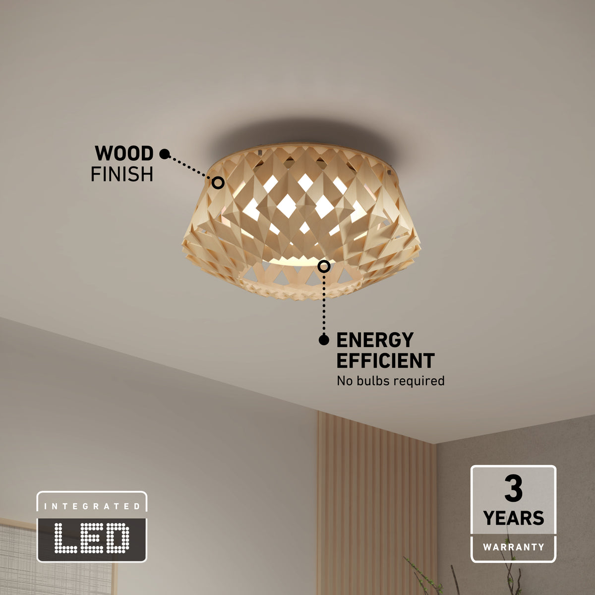 The Artika Kiran 13 in. modern LED flush mount light features a geometric wood finish, offers 5 CCT options, is energy efficient with integrated LED, comes with a 3-year warranty, and adds a warm glow to any minimalist space.