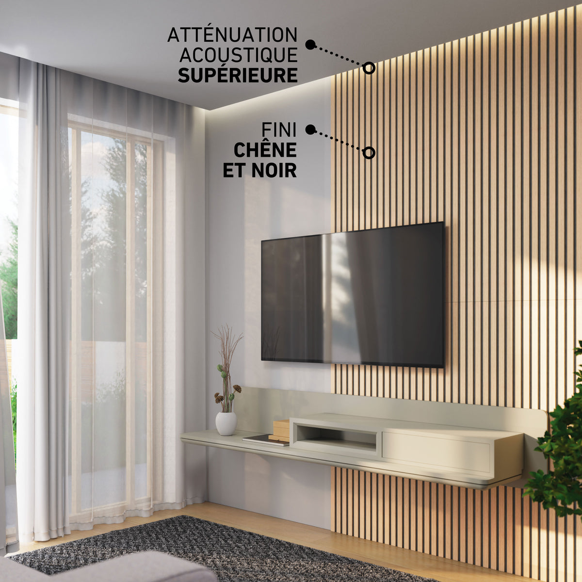 Modern living room with a wall-mounted TV, Artika Sonofold sound-absorbing wall panels, long shelf, and sheer-curtained window.