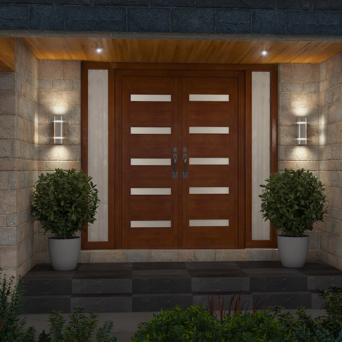 A modern wooden double front door with horizontal frosted glass panels is flanked by potted greenery and Artika’s Q1 indoor-outdoor wall lights, all set within a stone facade entryway.
