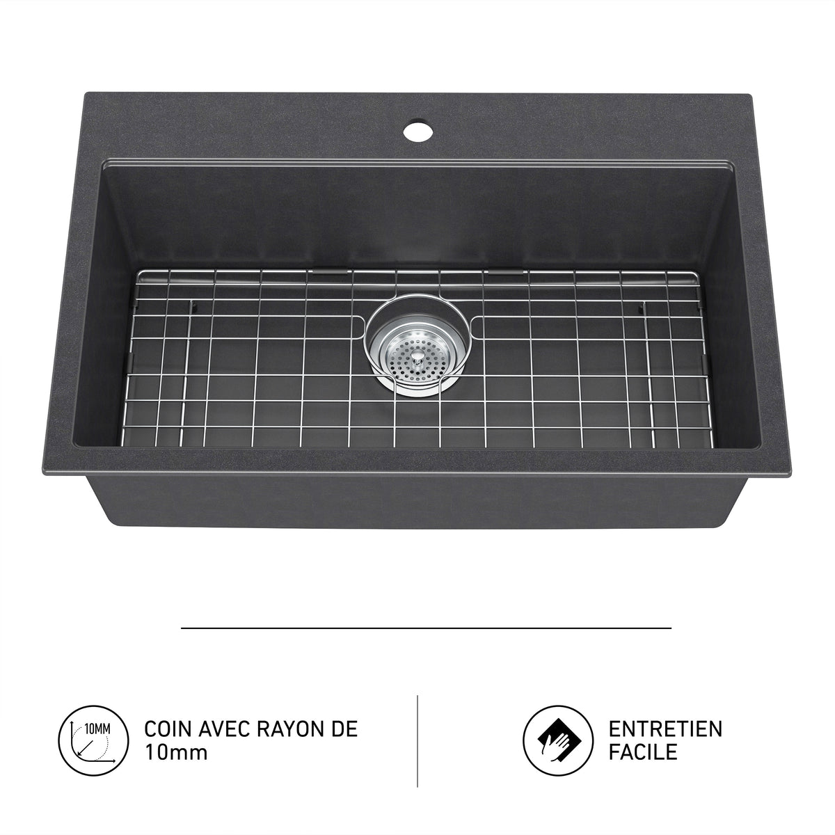 Artika Baycrest 33-in black sink with metal grid, drain, two icons, and French feature text below.