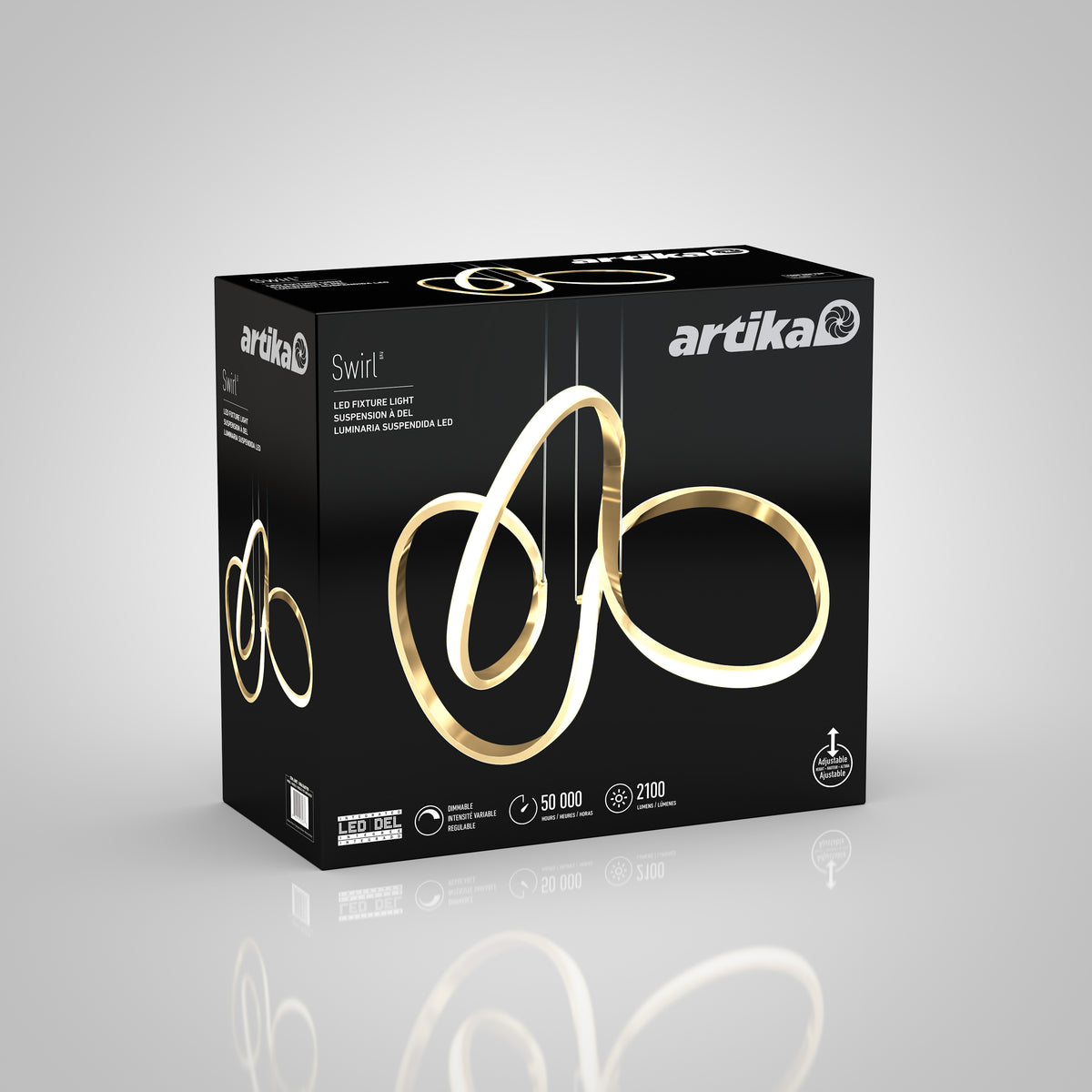 A black Artika box showcases the Swirl LED pendant light, emphasizing modern design. Features include 2100 lumens, energy-efficient LEDs, and a 50,000-hour lifespan. The packaging displays product icons and Artika branding.