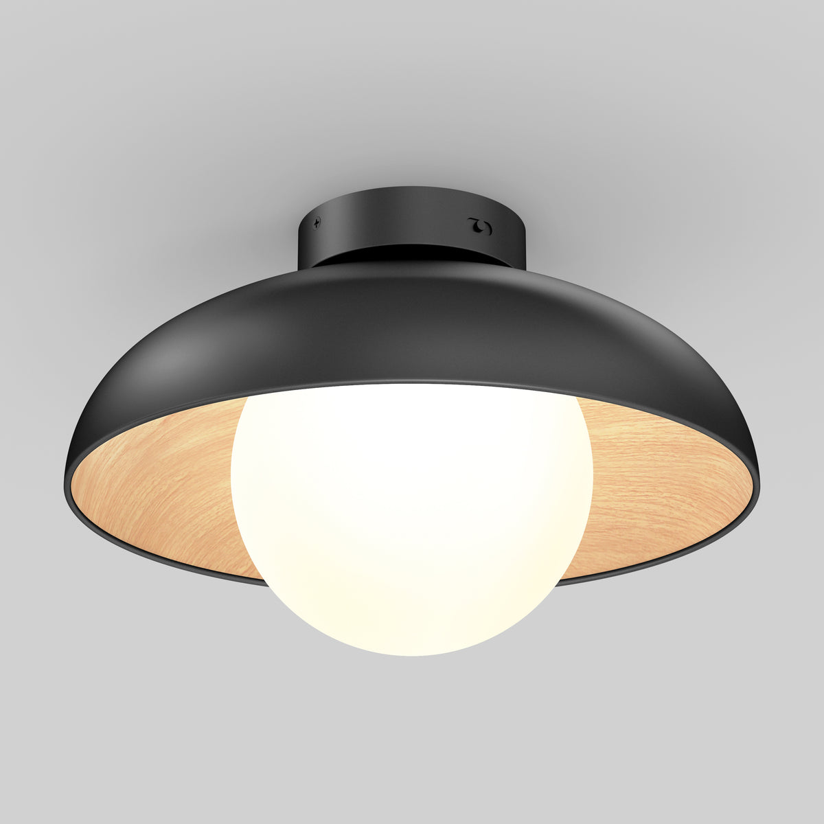 The Artika Boden LED flush mount light 5 CCT features a modern black, dome-shaped shade with a wooden inner lining and a large round white bulb, mounted on a light gray ceiling.