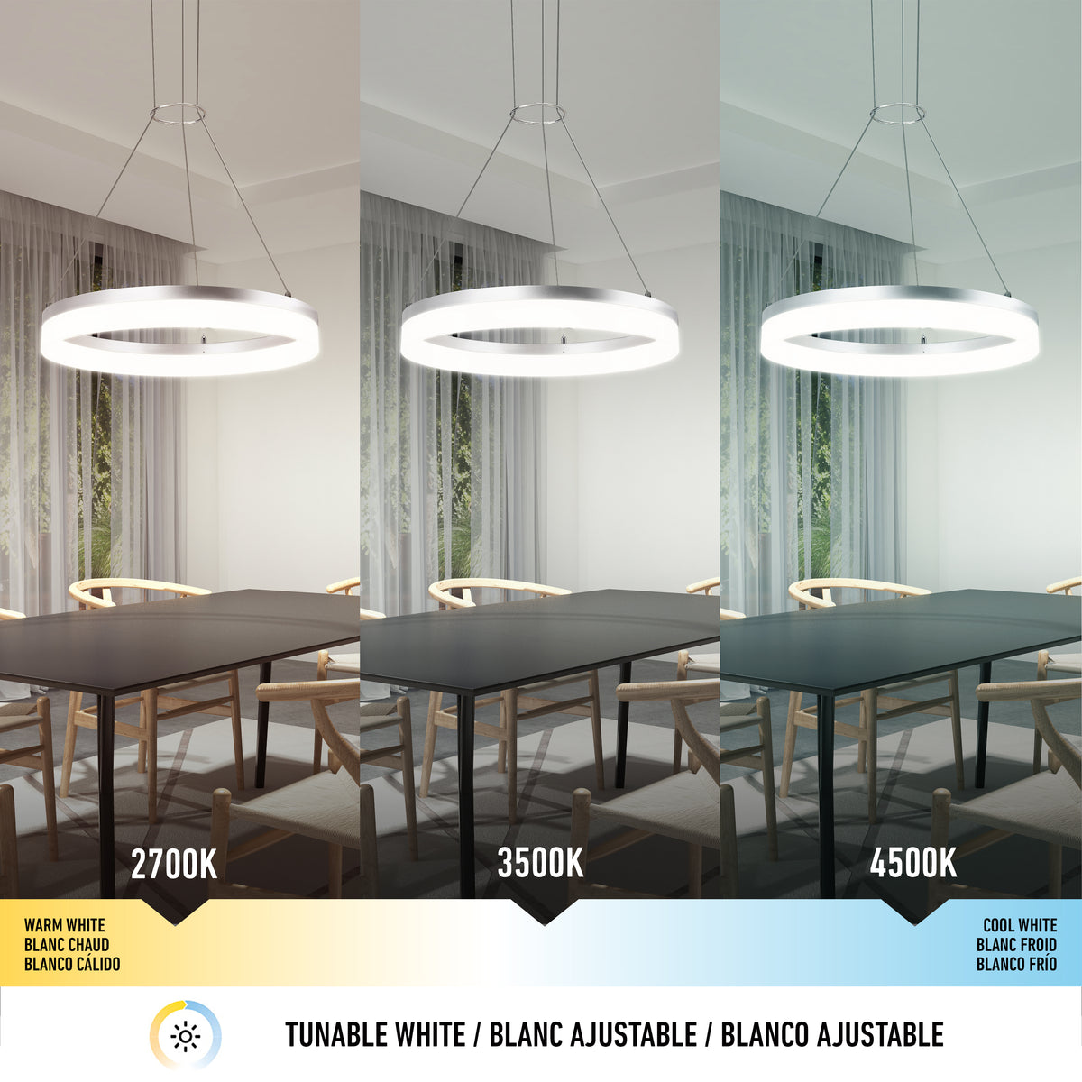 Three images of a modern dining room lit by the Artika Optical LED pendant light 3 CCT, displaying three color temperatures: 2700K (warm white), 3500K (neutral white), and 4500K (cool white).