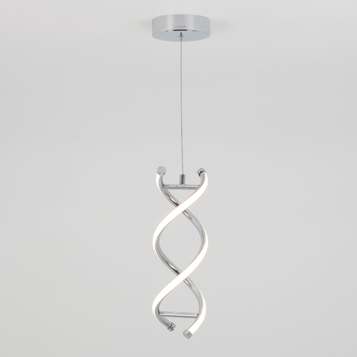 The Artika DNA LED pendant light features a modern twisted double-helix design in chrome and white, with integrated LEDs, suspended from a round ceiling mount by a single cable against a plain white background.