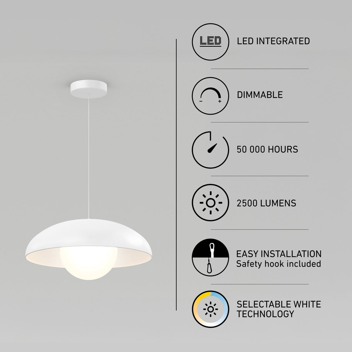 Artika Boden LED modern mid-century pendant, 3 CCT, dimmable, 50K hrs, 2500lm, easy install.