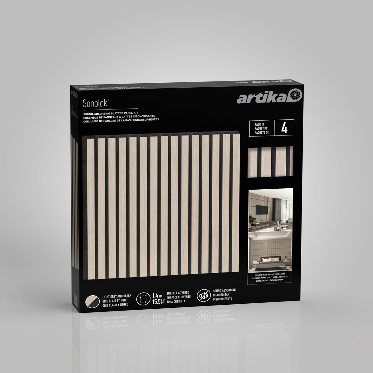 The Artika Sonolok 15.5 ft sound-absorbing wall panel kit (4-pack) comes in a black box featuring light gray and black slatted panels, product images, and features—ideal for wall accents and room decoration.