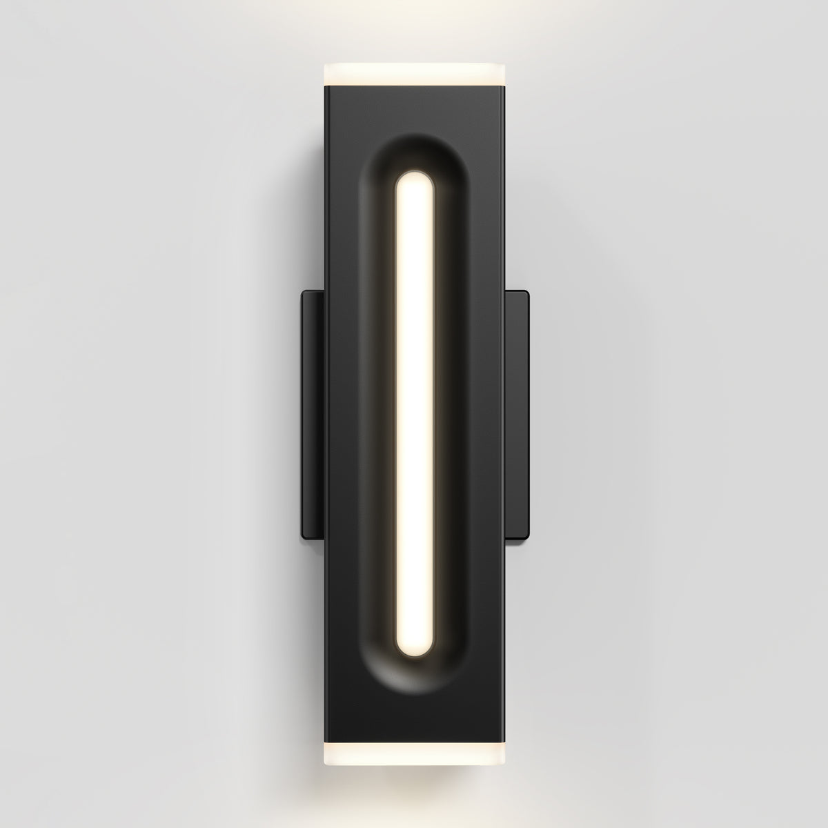 The Artika Linea Square LED indoor-outdoor wall light 3 CCT features a modern black vertical oblong design with a central illuminated white strip, showcased here mounted on a plain white wall.