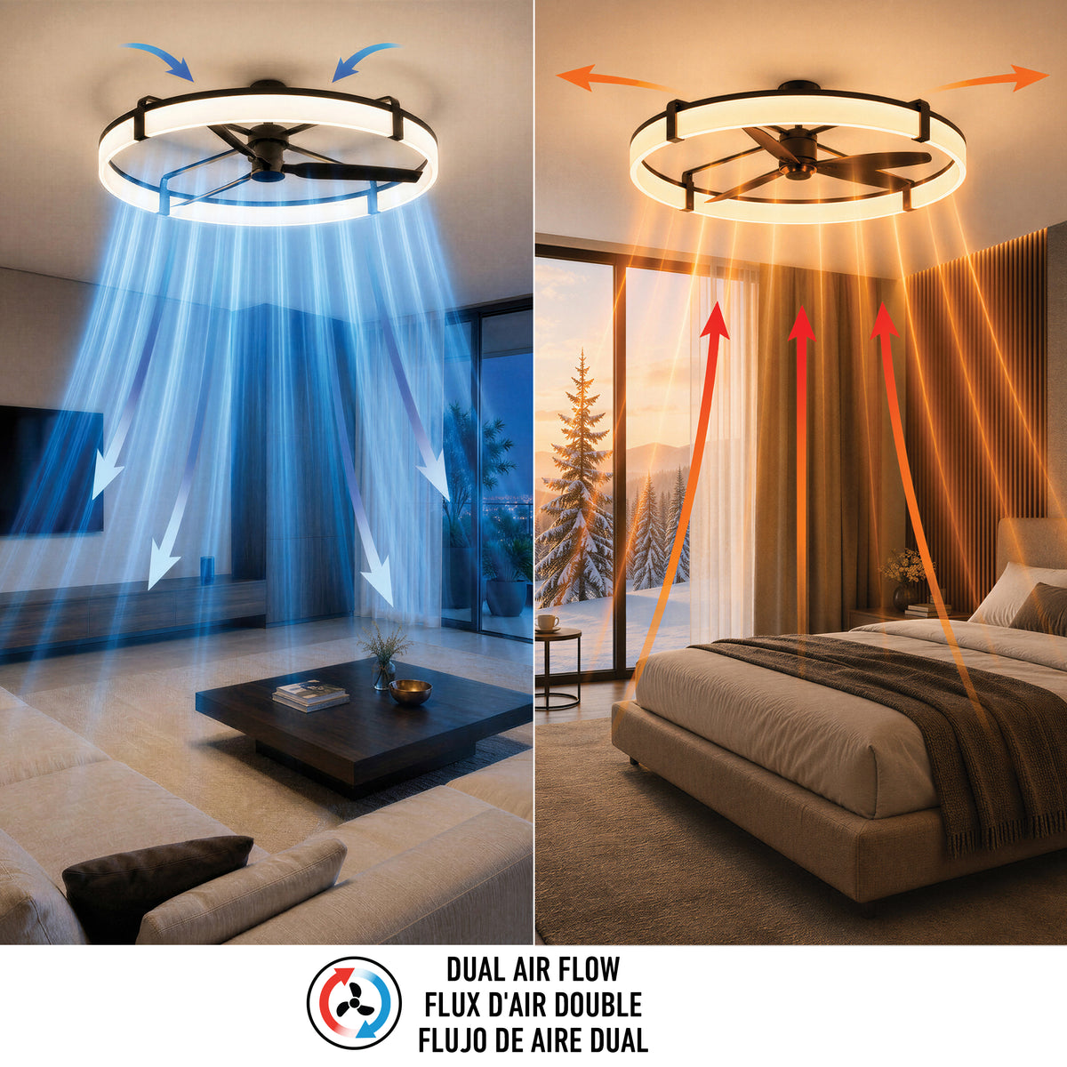 Split image: left, Sunnyvale 52 in. fan cools living room; right, it lifts warm air in bedroom. Artika LED ceiling fan with remote shown.