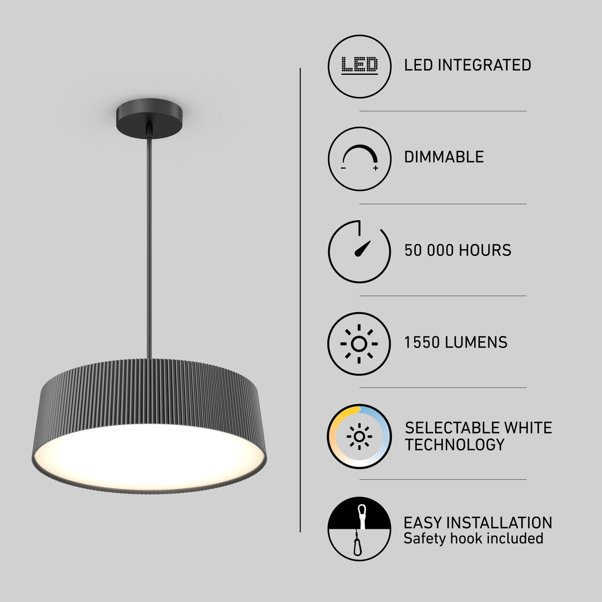 The Artika Groove Drum LED contemporary pendant light features a ribbed black shade, selectable white (3 CCT), is dimmable, uses integrated LEDs with a 50,000-hour lifespan, 1550 lumens output, and offers easy installation with safety hook.