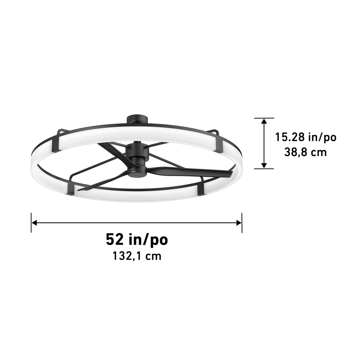Artika Sunnyvale 52 in. (132 cm) LED ceiling fan with remote, shown with dimensions in inches and centimeters.