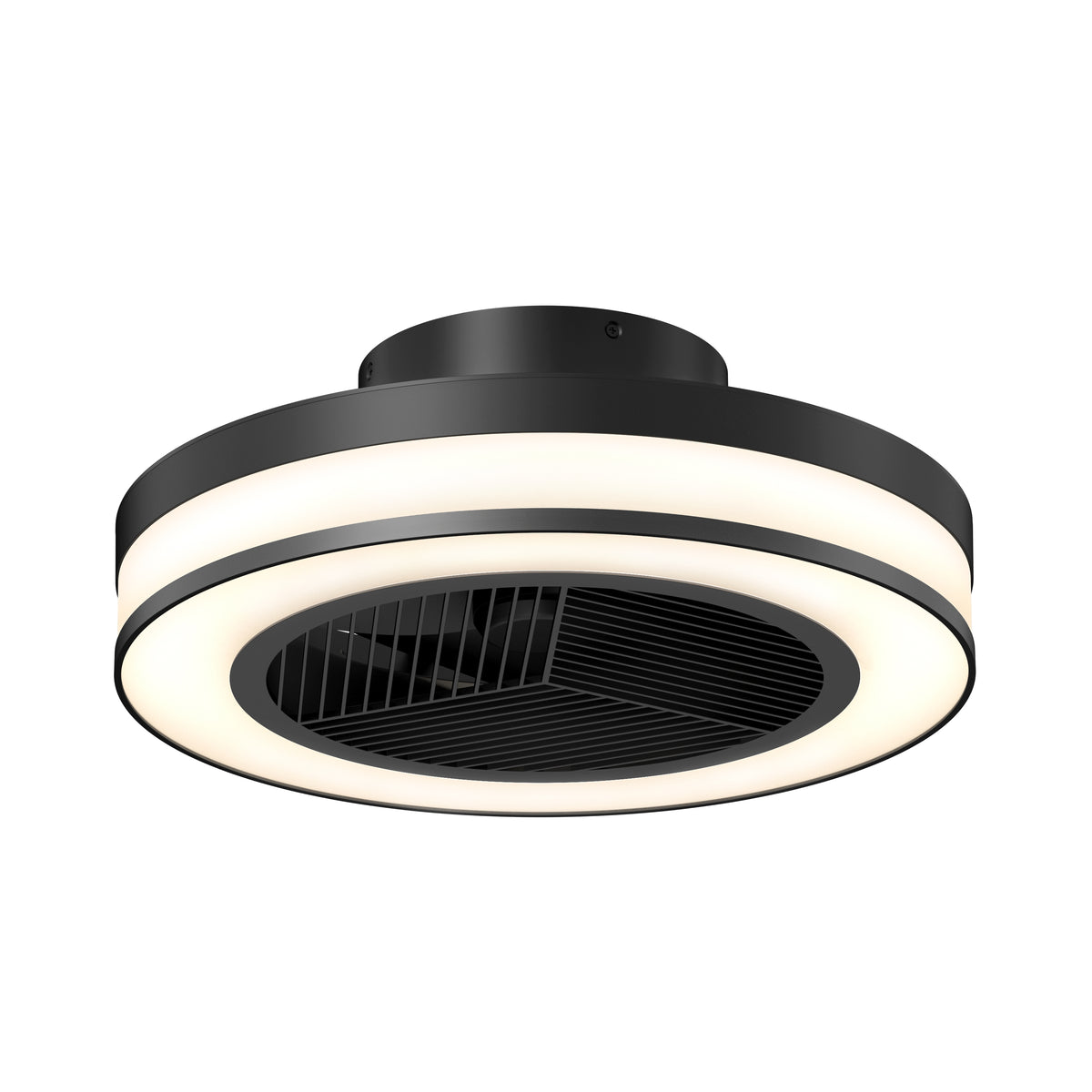 The Artika Elton 19.4 in. LED modern ceiling fan features a black body, sleek circular design, integrated LED light ring, three speeds, horizontal blades at the center, and comes with a remote control.