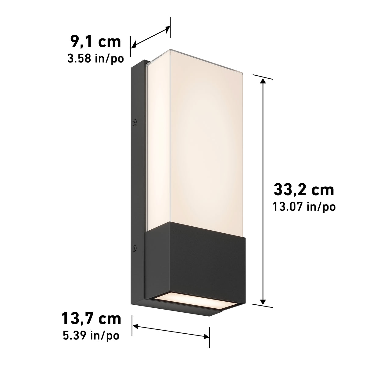 The Artika Dixon indoor-outdoor LED wall light features a black base, frosted white cover, and measures 33.2 cm (13.1), 13.7 cm (5.4), and 9.1 cm (3.6) for height, width, and depth, respectively.