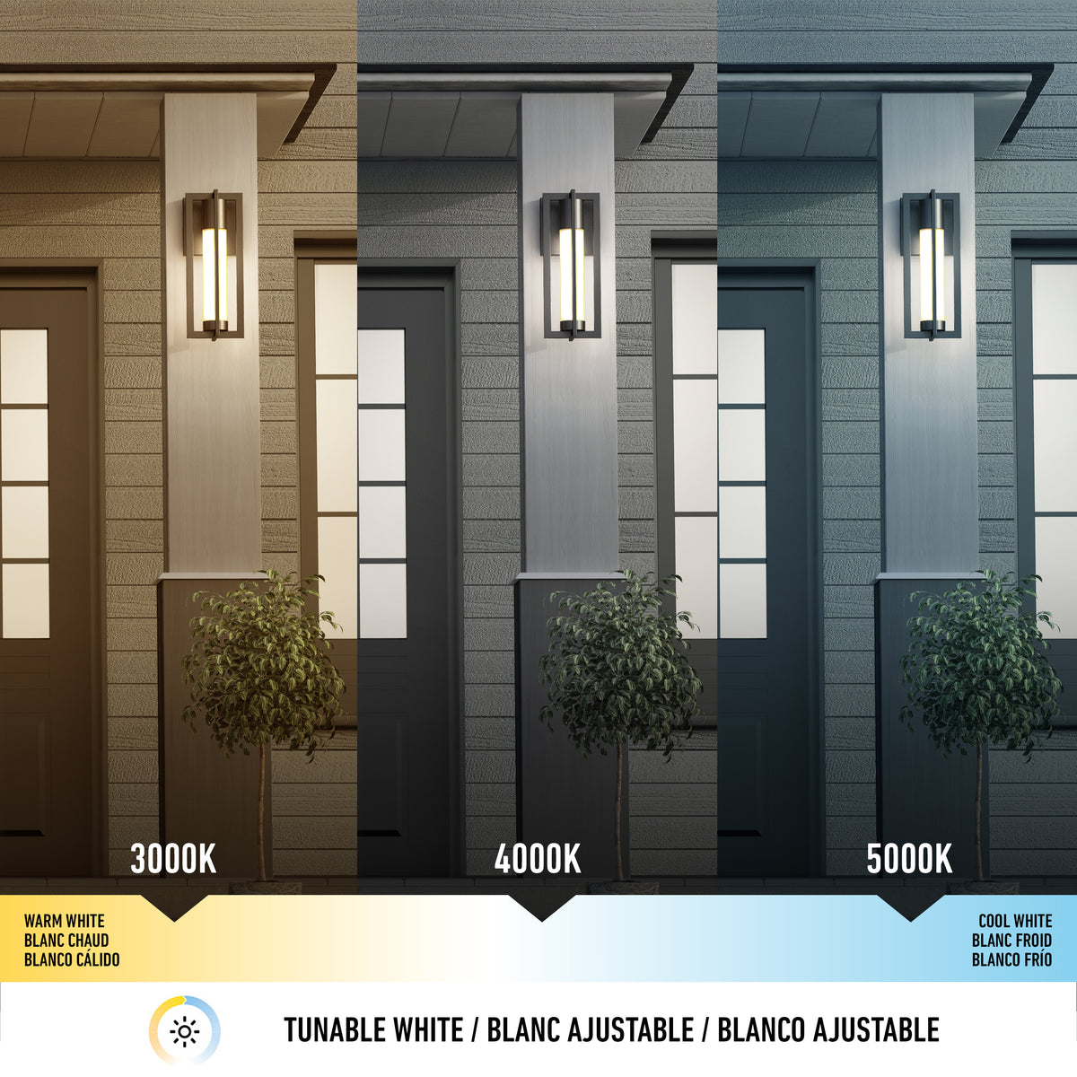 The Artika Walt indoor-outdoor LED wall light is shown illuminating a porch and plants in warm white (3000K), neutral white (4000K), and cool white (5000K), highlighting the tunable lighting effects on an exterior wall.