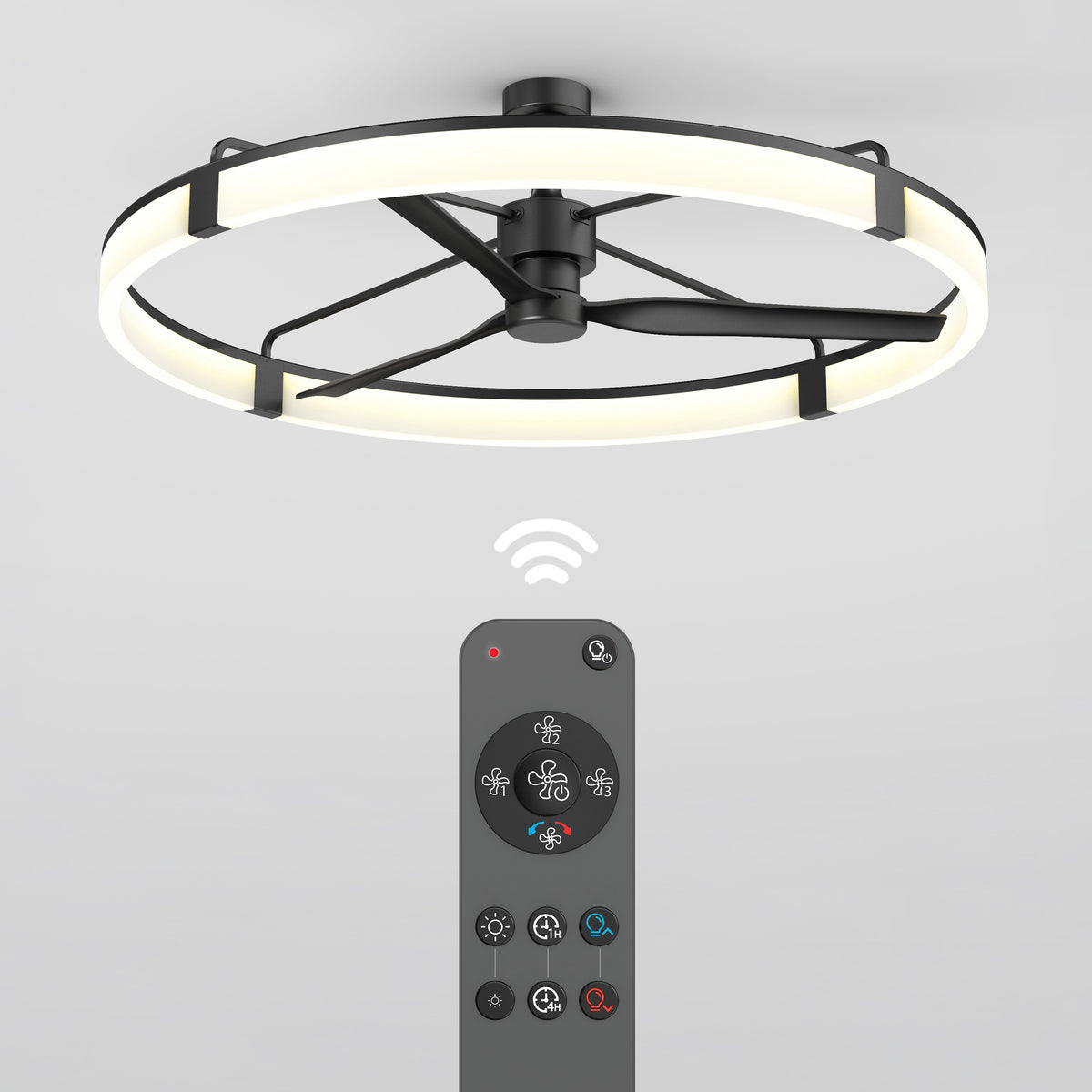 Artika Sunnyvale 52 in. LED Modern Ceiling Fan with remote, shown in black with multiple buttons and a signal icon.