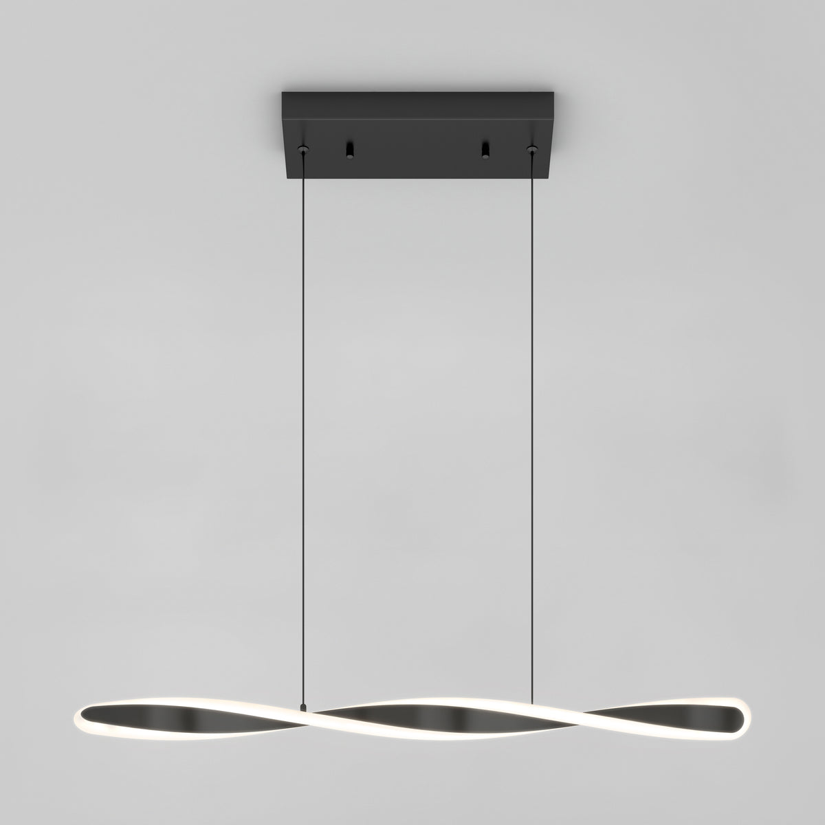 The Artika Finley Linear LED pendant light 3 CCT features a twisted, ribbon-like design suspended by two cables from a black rectangular base, presented against a plain gray background.