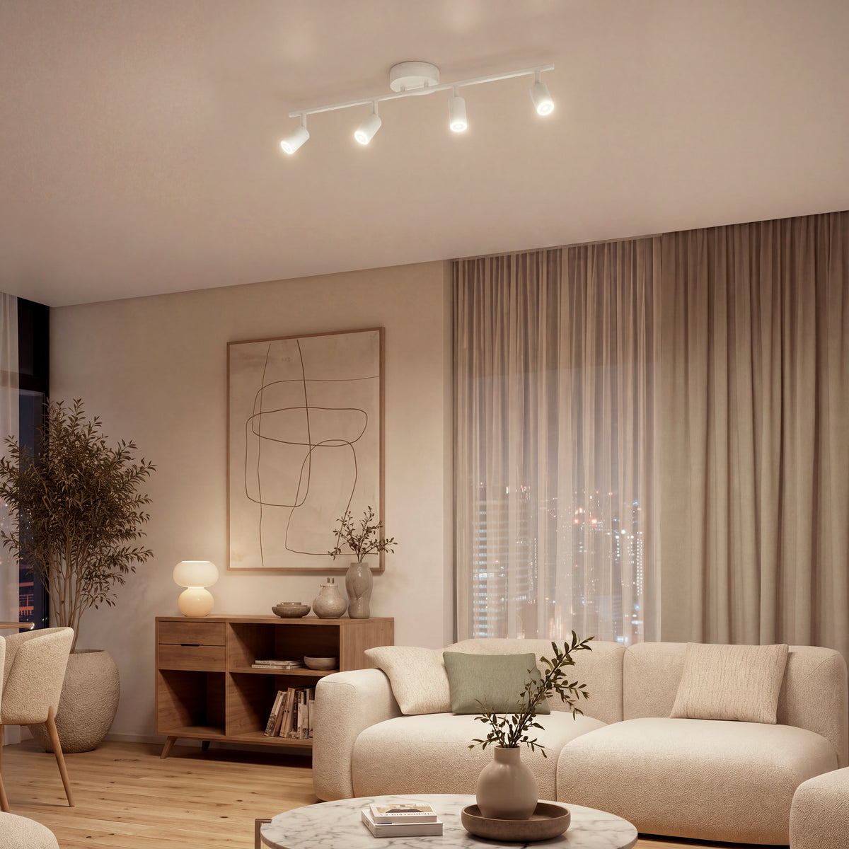 Modern living room with beige sofas, wooden sideboard, sheer curtains, and the Artika Asher 32 in. 4-Light LED Track Light for ambiance.
