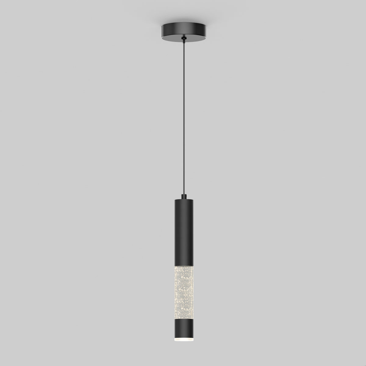 The Mist LED pendant light by Artika features a modern black finish, a slim cylindrical design, and a textured crystal-like section, casting a soft glow from the ceiling.