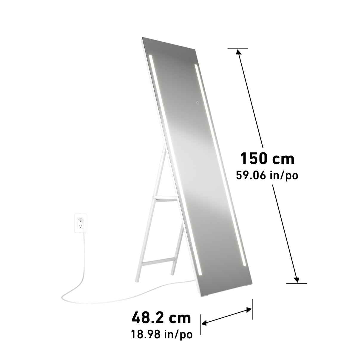 Artika Emeraude 19"x59" floor mirror with LED side lights, white stand, wall plug, 48x150cm.